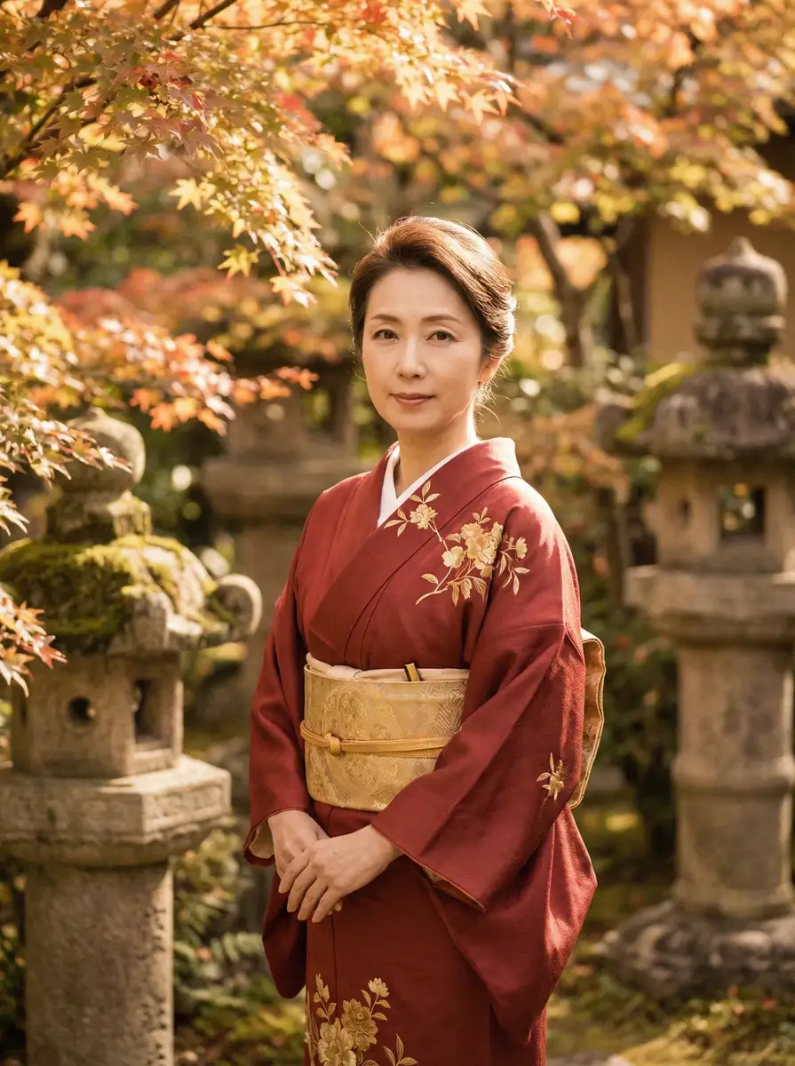 一位身穿暗红色和服的优雅 阿里体育网站 在日式庭院中