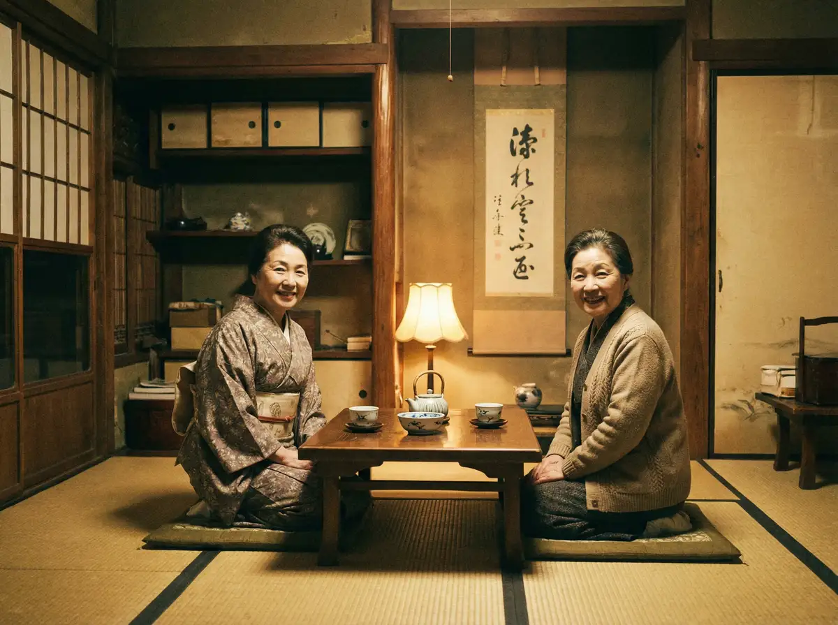 两位优雅的 阿里体育网站 在日式茶室中品茶交谈